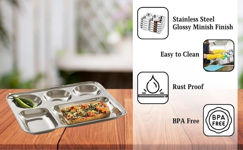 Nirvika Stainless Steel Partition Plate 5 in1 / Bhojan Thali/Dinner Plate Set of 2 - Image 4