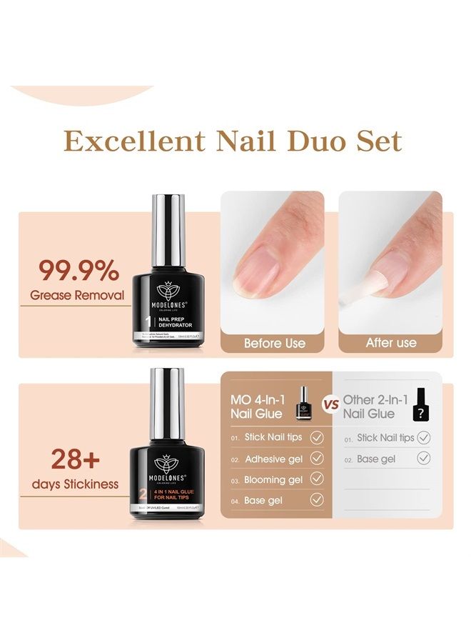 Modelones 4 in 1 Nail Glue Gel and Nail Prep Dehydrate Gel Nail Kit Easy Nail Extension Gel Set for False Nail Tips/Acrylic Nails Long Lasting Nail Glue/Base Gel/Bloom Gel/Adhesive Bond, Curing Needed