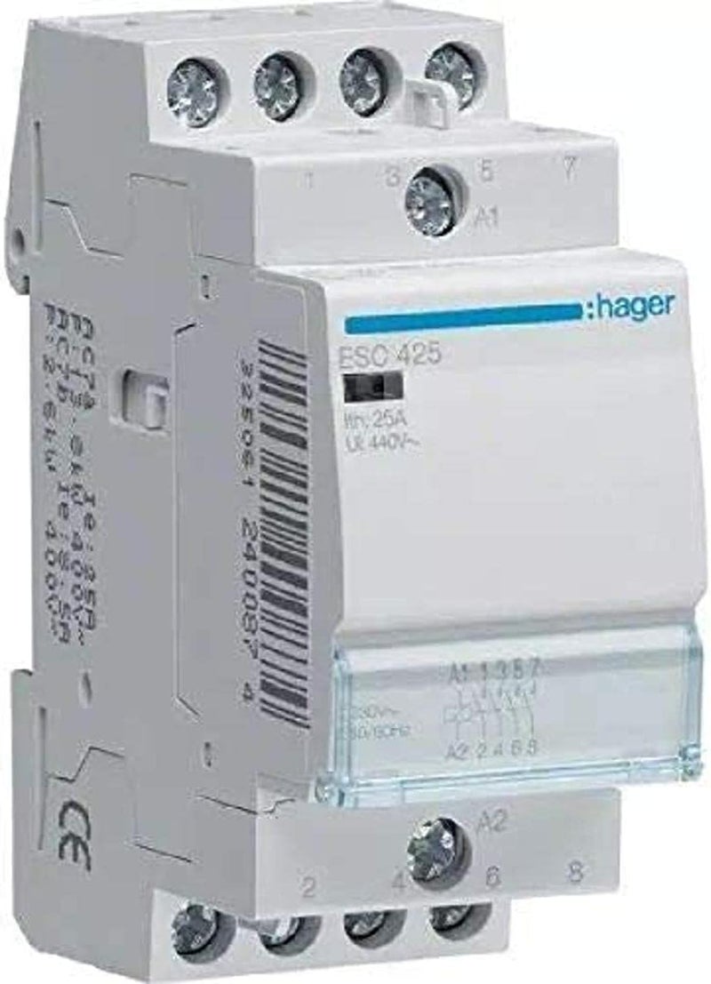 Hager ESC425 Contactor 25A 4NO 230V 50Hz – 4-Pole AC Contactor for Electrical Control Applications-Made in EU