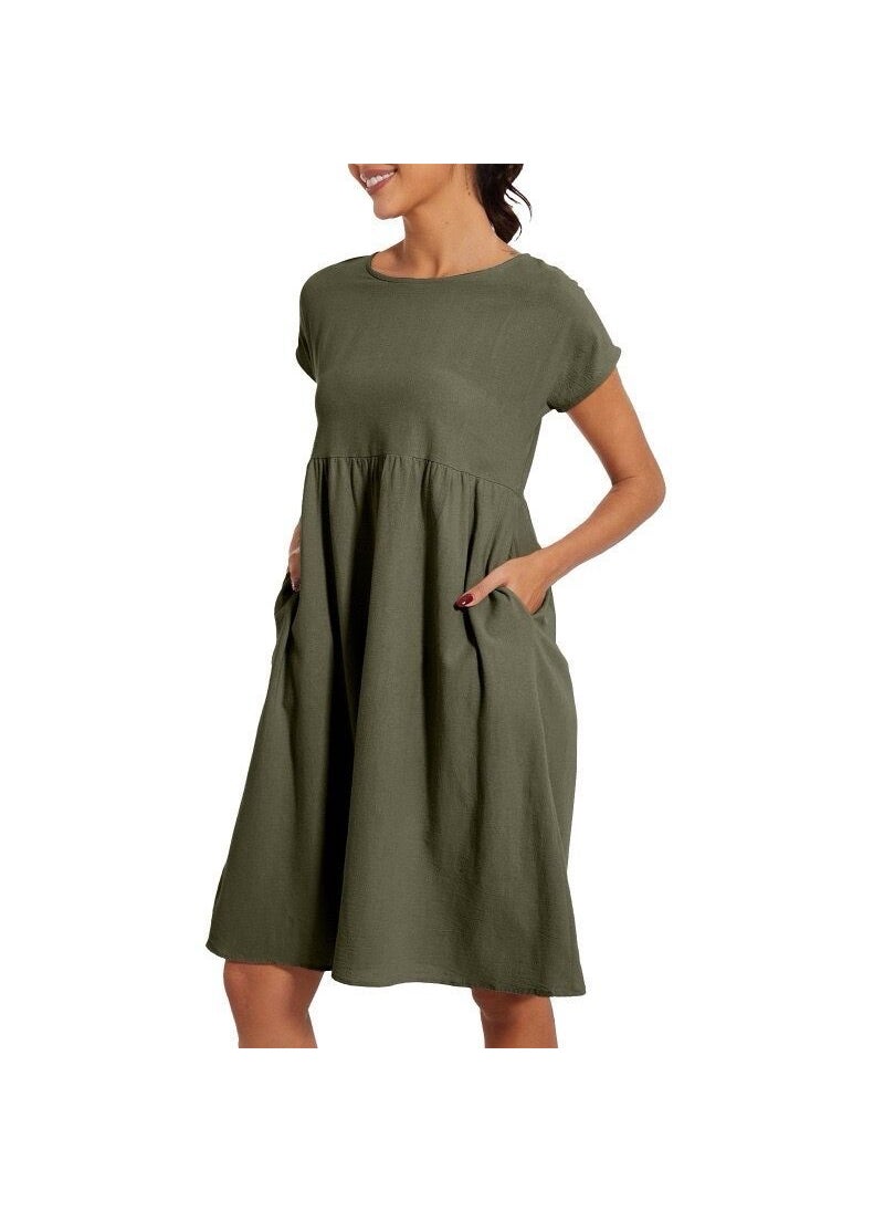 Generic Amazon 2024 Fashionable Summer Womens Clothing Cotton Linen Round Neck A- Line Skirt Plus Size Loose-Fit Dress Army green 
