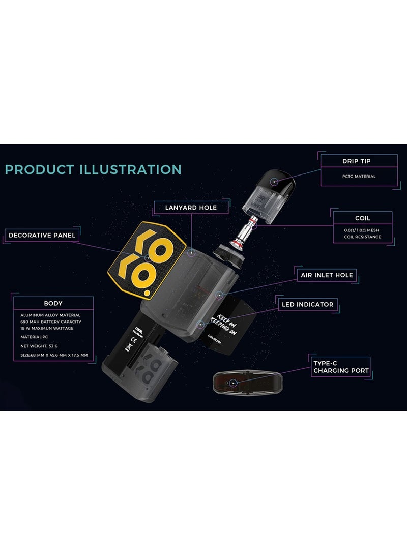 UWELL Caliburn Koko Prime Vision Dark Translucent Black & Gold Vape Juice Refill Device Pod System E-liquid Capacity 2ML - Image 3