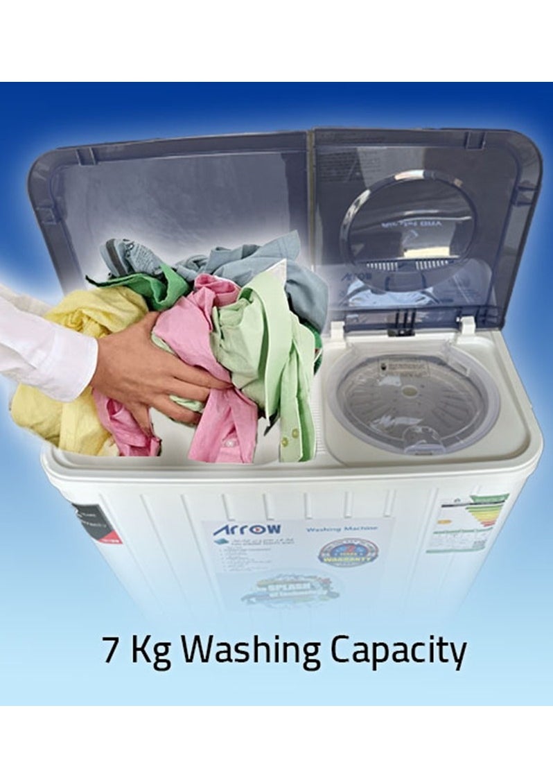 Arrow - 7KG Twin Tub Semi-Automatic Washing Machine, 400 Watt, 7 KG Wash Capacity, 5.5 KG Spin Capacity, Light Grey Color, 15 Wash Timer, 5 Spin Timer | Model Name: RO-08TTB - Image 1