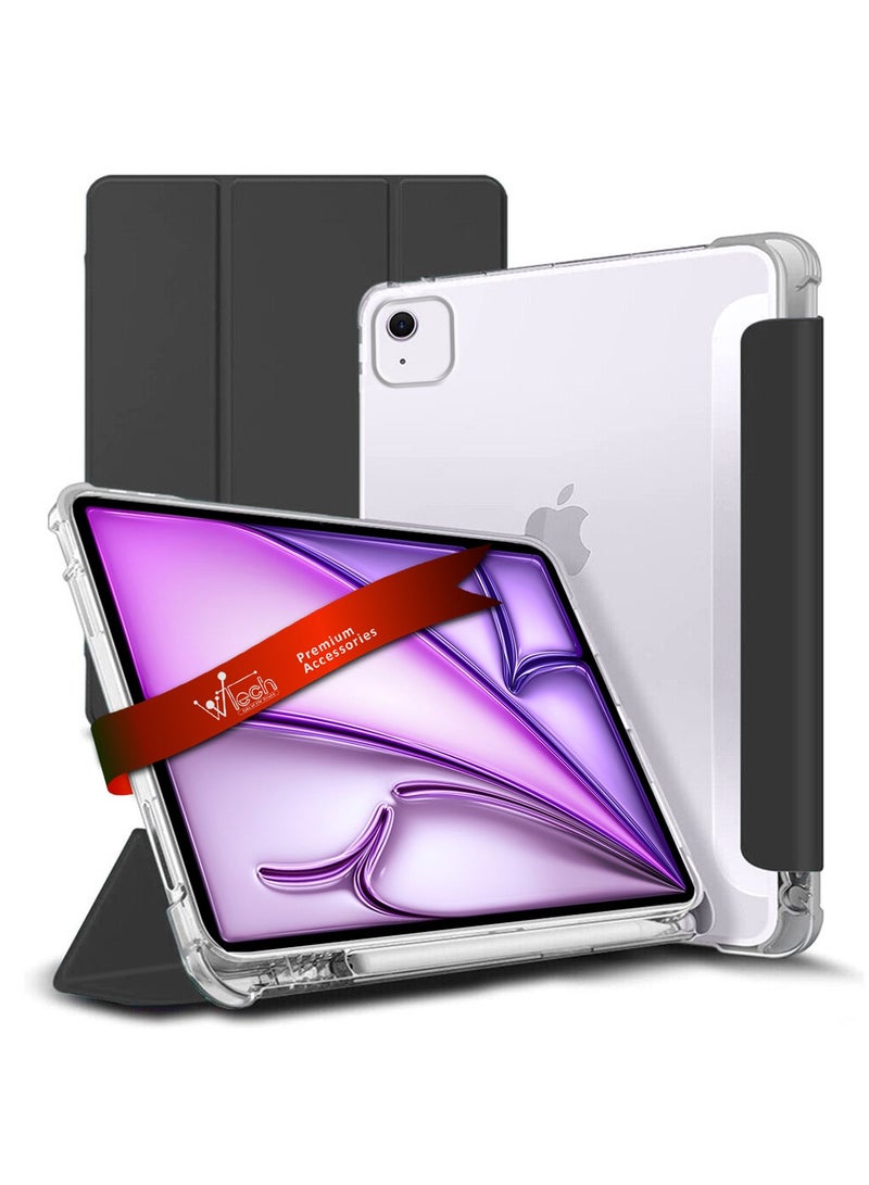 Wtech Premium Smart Flip Awake/Auto Sleep Leather Texture Transparent Silicone With Pen Holder Lens Shield Protector Case Cover For Apple iPad Air 11 5G 2024 (iPad Air 6th Gen M2) 11 Inch Clear/Black - Image 1