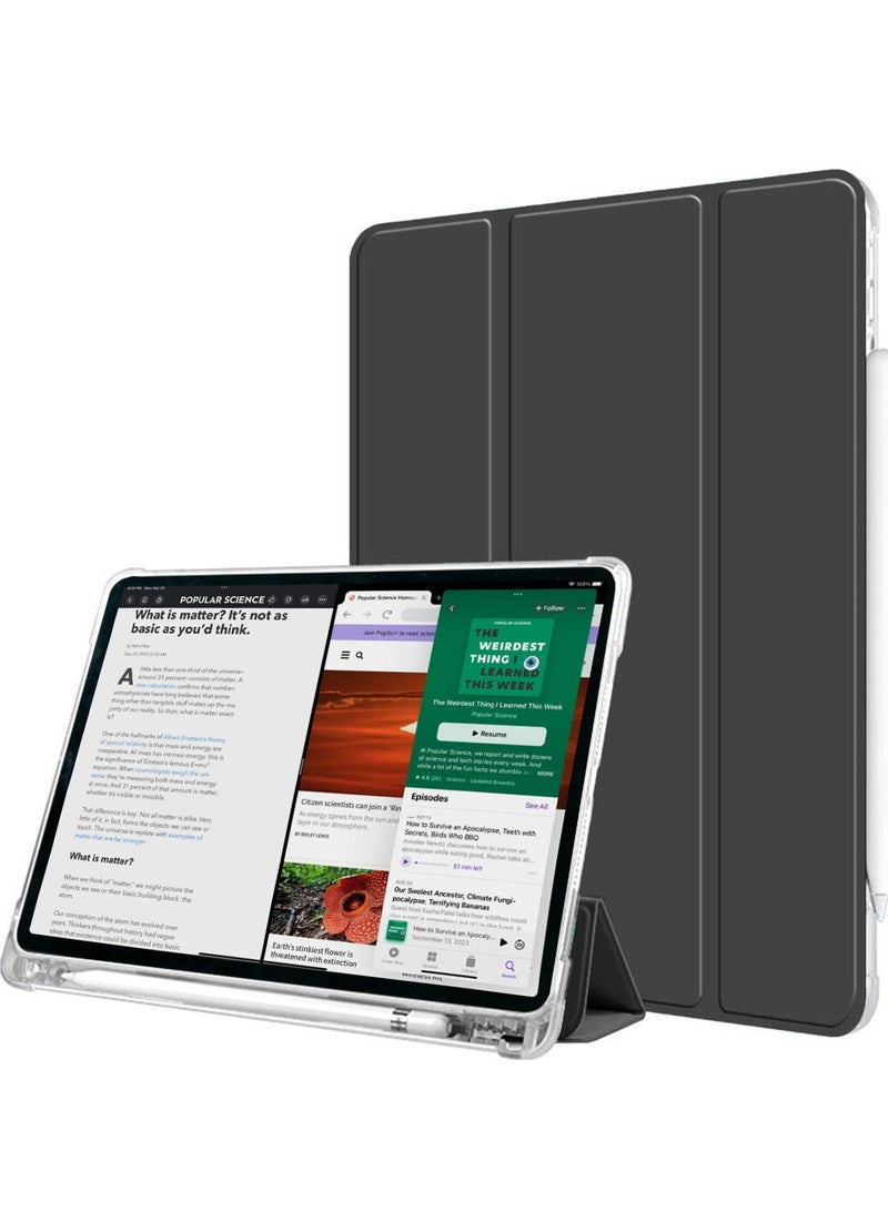 Wtech Premium Smart Flip Awake/Auto Sleep Leather Texture Transparent Silicone With Pen Holder Lens Shield Protector Case Cover For Apple iPad Air 11 5G 2024 (iPad Air 6th Gen M2) 11 Inch Clear/Black - Image 3