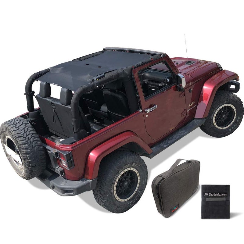 Shadeidea JK Sun Shade Top Compatible with Jeep Wrangler JKU Top Sunshade Soft Mesh Roof Cover 20072018 Wind Noise UV Blocker 10 Year Warranty 2 Door Black FrontRear 1 Piece