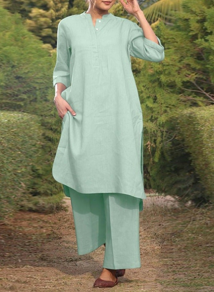 Loquat Women's Solid 2 Piece Set Long Length Blouse Top And Loose Pants Casual Suit Pale Green  - Image 1