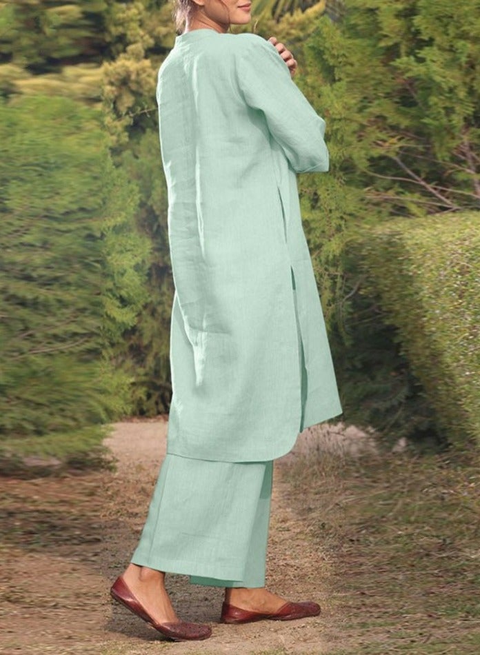 Loquat Women's Solid 2 Piece Set Long Length Blouse Top And Loose Pants Casual Suit Pale Green  - Image 2