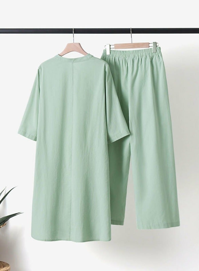 Loquat Women's Solid 2 Piece Set Long Length Blouse Top And Loose Pants Casual Suit Pale Green  - Image 4