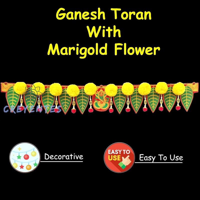 CREYENTES Ganesh pan Toran with Artificial Marigold Flower Door Diwali Toran for Home DcorTemple Pooja Room All Festival Embroidery Work - Image 3