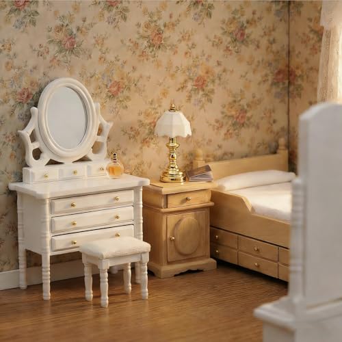 Cutemini Dollhouse Miniature Bed with Drawer 112 Wooden Furniture European Bedroom Bedding Furniture Accessories with Pillow Mattresses Vintage Floral Fabric Mini House Decoration Woody - Image 5