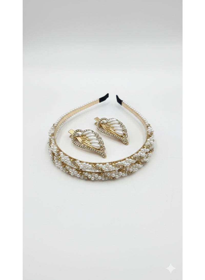 طوق رأس مرصع باللؤلؤ للنساء مع مشابك شعر متناسقة - طقم إكسسوارات شعر للعرائس والحفلات، طوق شعر زفاف مرصع بأحجار الراين، إكسسوارات شعر فاخرة وأنيقة