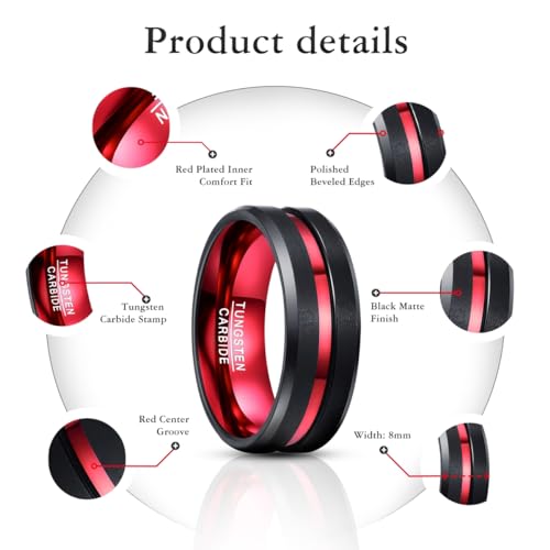 NUNCAD Mens Red and Black Ring Mens's Red Plated Tungsten Wedding Band Black Brushed Finish Grooved Comfort Fit Size 11 - Image 5