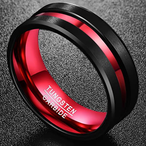 NUNCAD Mens Red and Black Ring Mens's Red Plated Tungsten Wedding Band Black Brushed Finish Grooved Comfort Fit Size 11 - Image 2