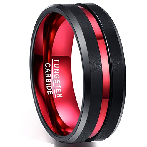 NUNCAD Mens Red and Black Ring Mens's Red Plated Tungsten Wedding Band Black Brushed Finish Grooved Comfort Fit Size 11 - Image 1
