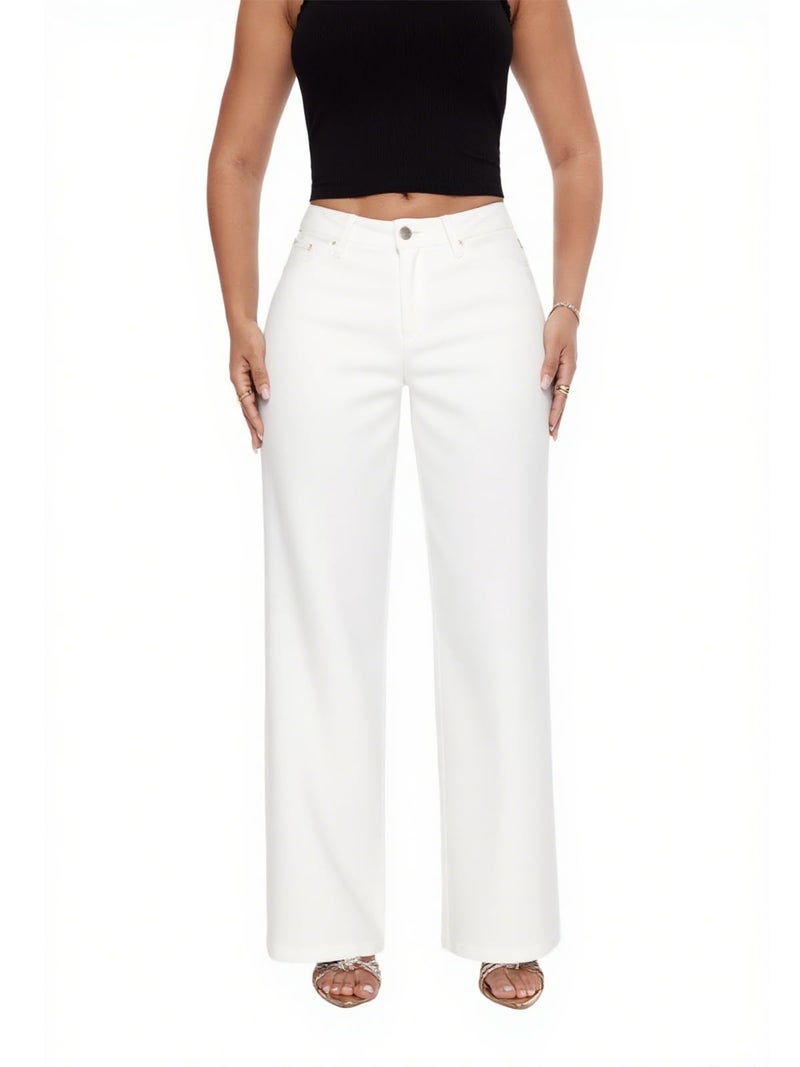 ONESO Mid-Low Rise Baggy Jeans Wide Leg for Women White Distressed Pants Stretchy Bottom Lady Basic Comfortable Denim - Image 1