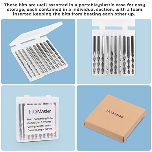 HQMaster CNC Router Bits 1/8" Shank CNC Bit End Mill Flat Nose Carbide Endmill Two Flute Spiral Upcut Milling Cutter Tool Set for Wood PVC MDF Hardwood 10Pcs (1/8" CED x 1/8" SD x 1" CEL x 2" OAL) - Image 3