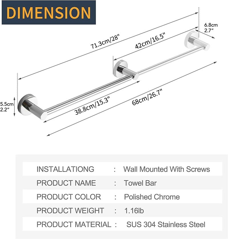 BESy Adjustable 15.9 to 28.6 Inch Single Bath Towel Bar Rack for Bathroom Accessories SUS304 Stainless Steel Towel Holder, Wall Mount with Screws Hand Towel Bar Rod Hotel Style, Polished Chrome - Image 5