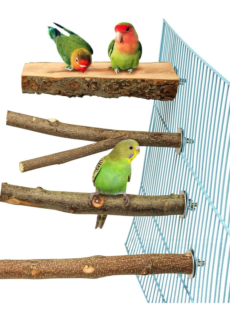 KASTWAVE 4 Pack Natural Wood Bird Perch Parrot Stand Branches Fork Toys, Pet Bird Cage Wooden Hanging Perch Platform Hammock Swing Toy for Small Parakeets, Budgies, Cockatiels, Conures, Macaws, Finches  - Image 1