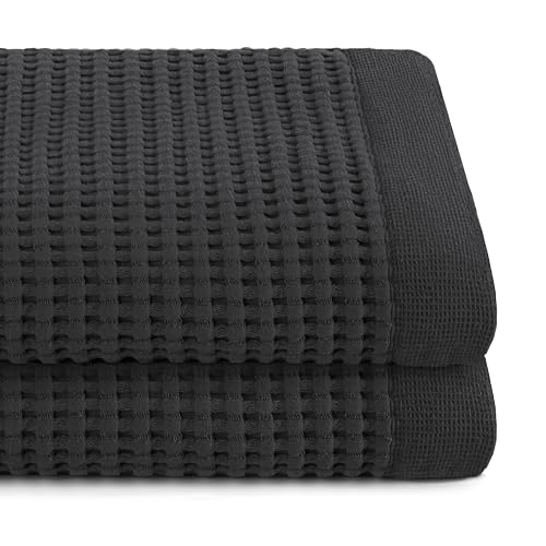 GILDEN TREE Waffle Towels for Bathroom Luxury 100 Cotton Bath Towels Quick Dry Towel Thin Super Absorbent Lint Free Shower Towels Bath Towels Set of 2 Modern Style Faded Black - Image 1