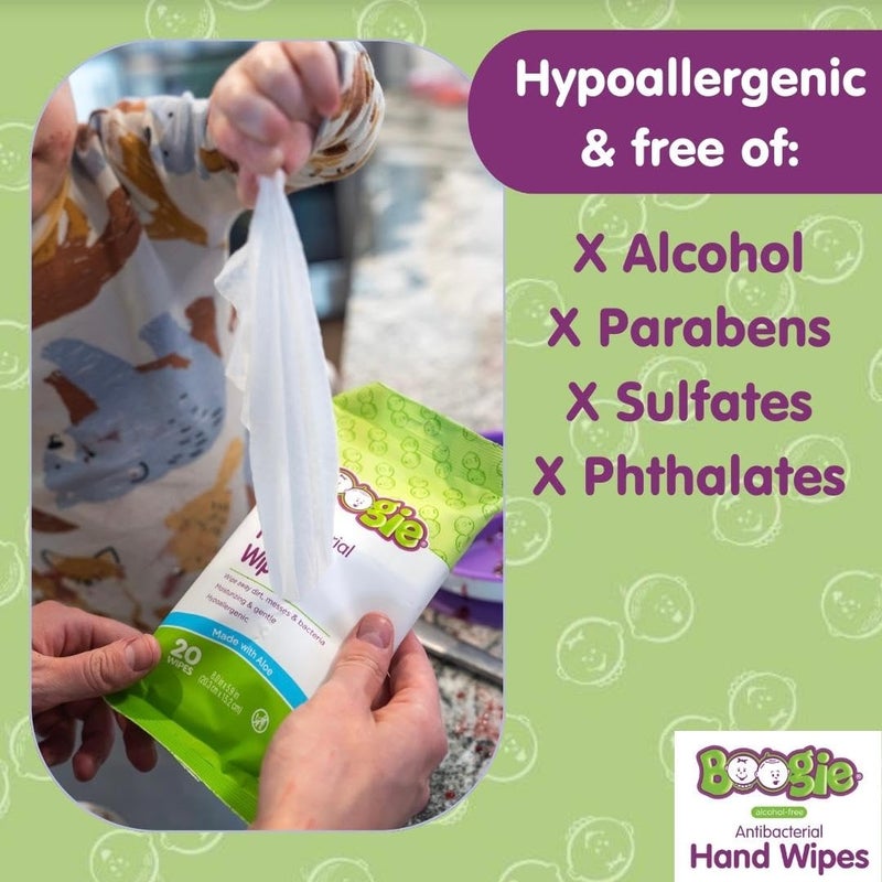 Boogie Antibacterial Hand Wipes by , Alcohol Free, Hypoallergenic and Moisturizing Aloe, for Kids and Adults -100 Total Wipes (5 Packs of 20) - Image 3