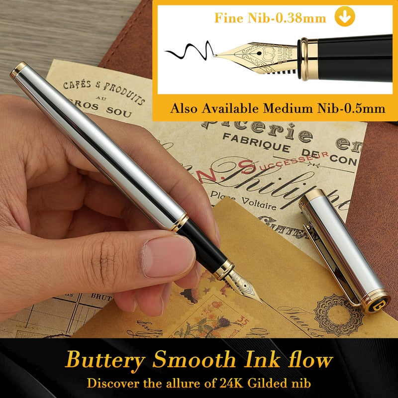 BEILUNER Silver Chrome Fountain Pen,Stunning Luxury with 24K Gold Accents, Gorgeous 24K Gilded Nib(Fine), Trustworthy Pen Gift for Men&Women -Ink Converter-Elegant, Graduation,Nice Pen for Writing - Image 4