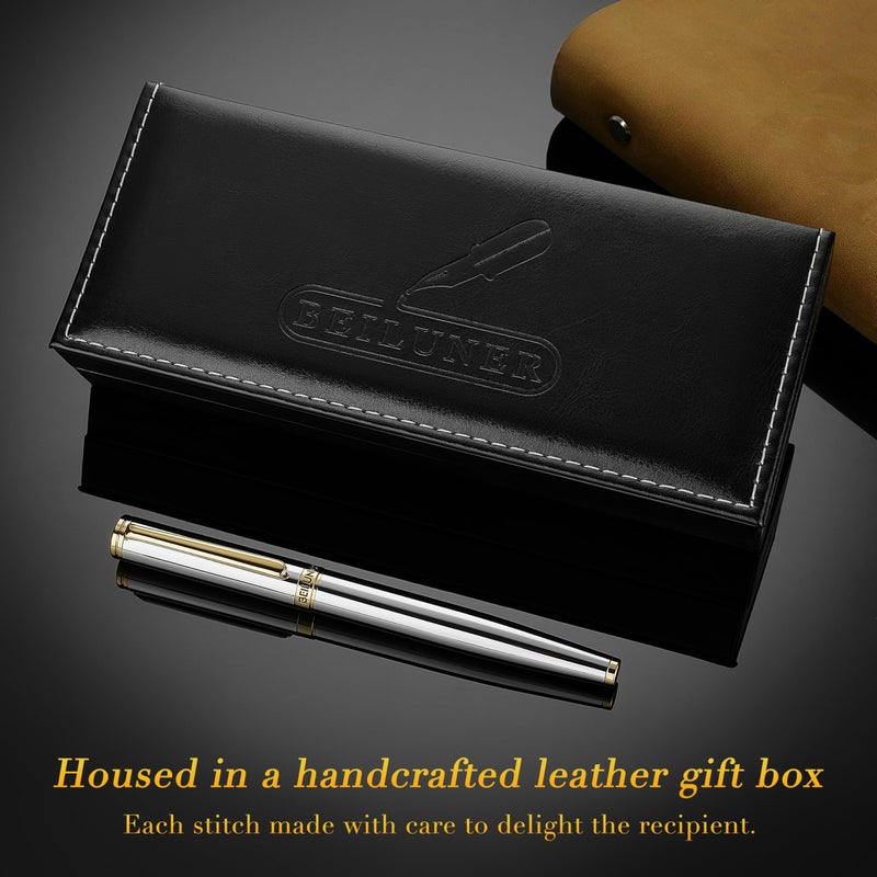 BEILUNER Silver Chrome Fountain Pen,Stunning Luxury with 24K Gold Accents, Gorgeous 24K Gilded Nib(Fine), Trustworthy Pen Gift for Men&Women -Ink Converter-Elegant, Graduation,Nice Pen for Writing - Image 5