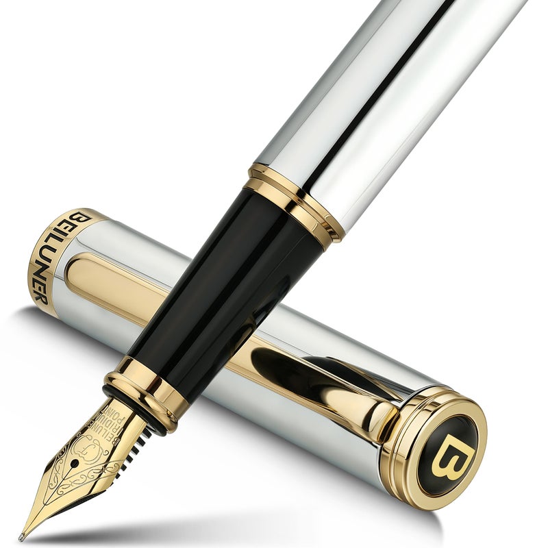 BEILUNER Silver Chrome Fountain Pen,Stunning Luxury with 24K Gold Accents, Gorgeous 24K Gilded Nib(Fine), Trustworthy Pen Gift for Men&Women -Ink Converter-Elegant, Graduation,Nice Pen for Writing - Image 1