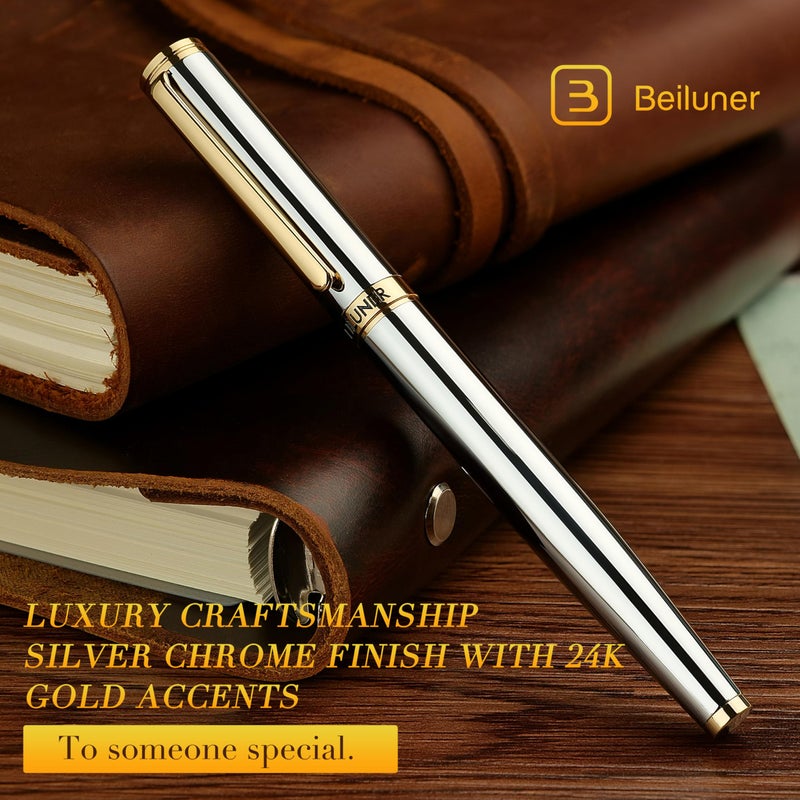 BEILUNER Silver Chrome Fountain Pen,Stunning Luxury with 24K Gold Accents, Gorgeous 24K Gilded Nib(Fine), Trustworthy Pen Gift for Men&Women -Ink Converter-Elegant, Graduation,Nice Pen for Writing - Image 3