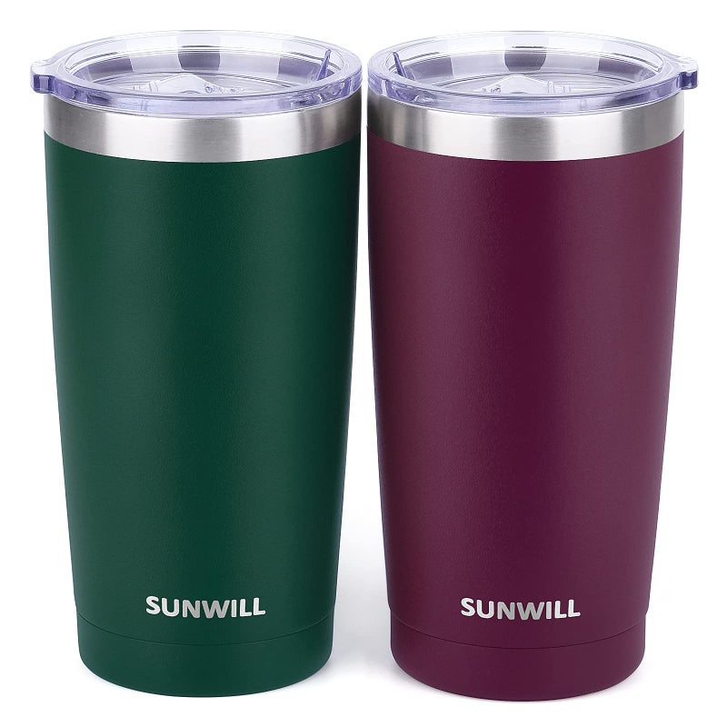 SUNWILL Travel Coffee Mug with Lid 20 oz Tumbler Set of 2 Insulated Stainless Steel Cup for Drinks Water Tea Powder Coated Forest Green  Plum