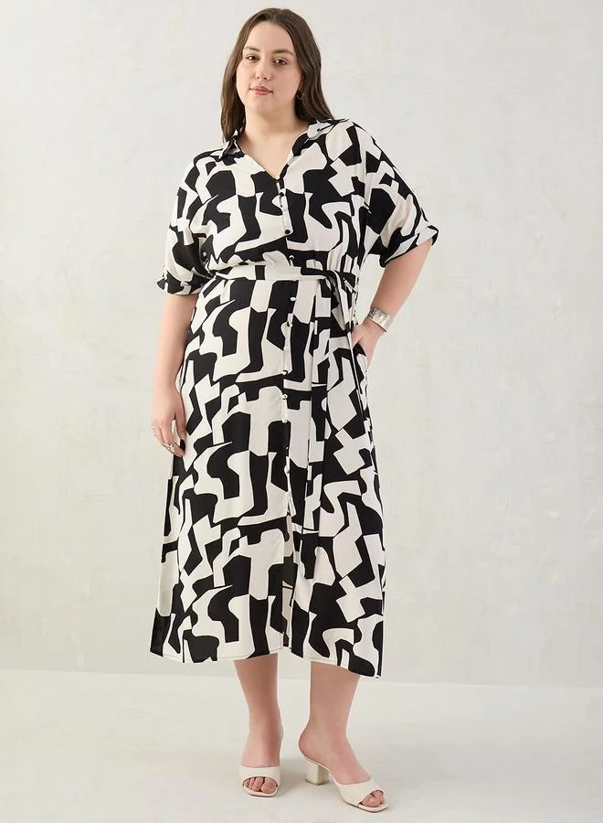 فيميلا Femmella Plus Shirt Midi Dress with Abstract Print