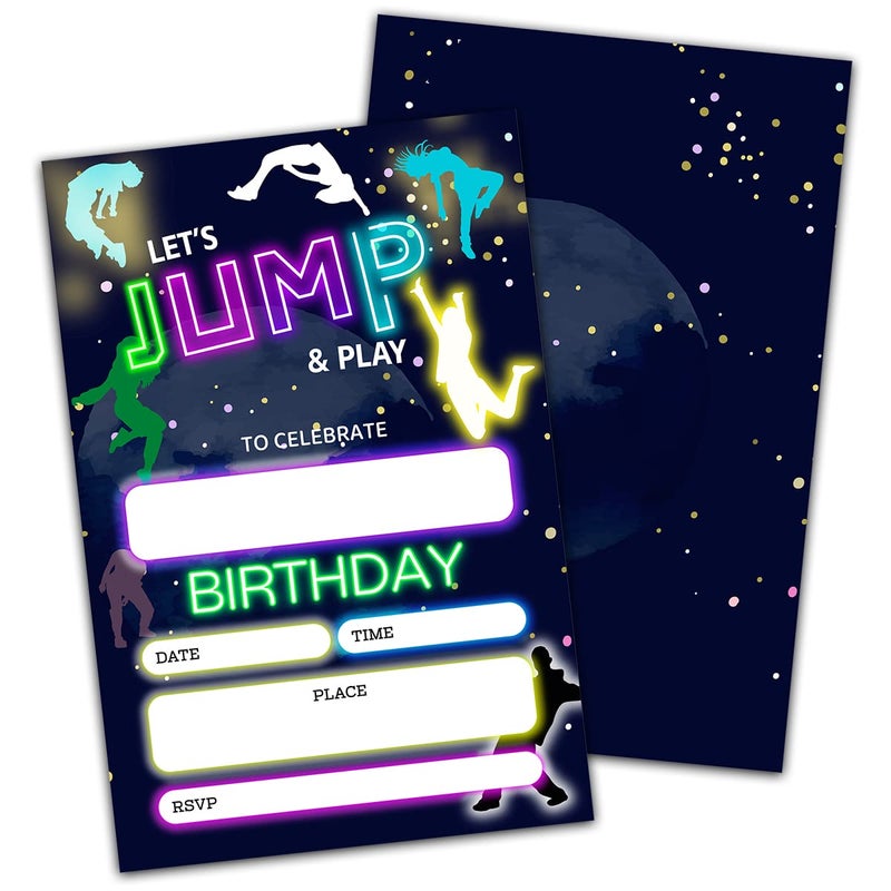 NYCTUG Lets Jump Play Theme Birthday Invitation4 X 6 Bounce House Trampoline Birthday DoubleSided Party Invites 20 Invitations With EnvelopesParty SuppliesA08