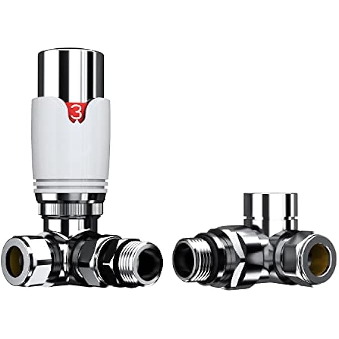 PRO THERMOSTATIC CORNER RADIATOR VALVE 1/2" (TRV) AND LOCKSHIELD VALVE, CENTRAL HEATING, TOWER RAIL VALVE- WHITE/CHROME - Image 1