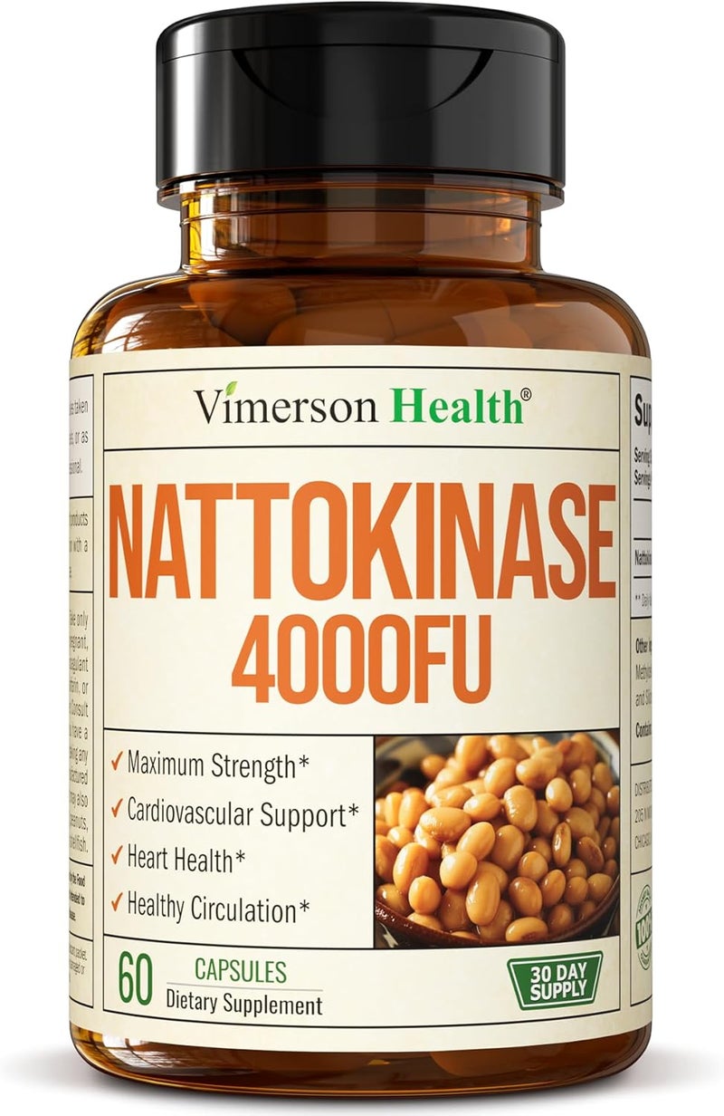 Vimerson Health Nattokinase Supplement  Heart Health Supplements with Nattokinase 4000 FU  Max Strength Circulation Supplements  Systemic Enzymes for Healthy Circulation  Smooth Flow NonGMO  Vegan 60 Capsules - Image 1