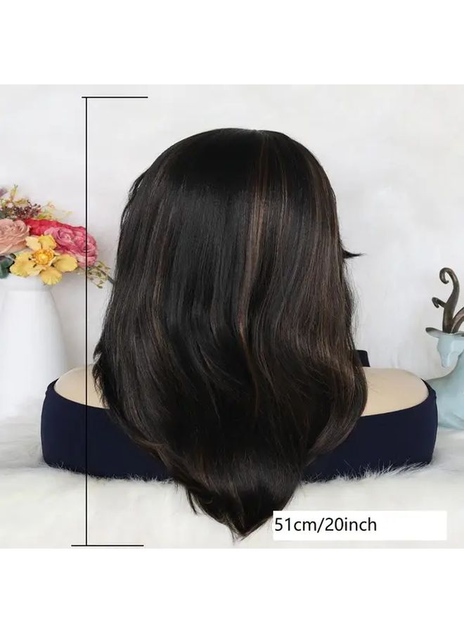 Elegant Medium Long Straight Synthetic Wig With Bangs For Women Daily Party Wear Black Mixed With Brown High Temperature Fiber Rose Net Cap - Image 4