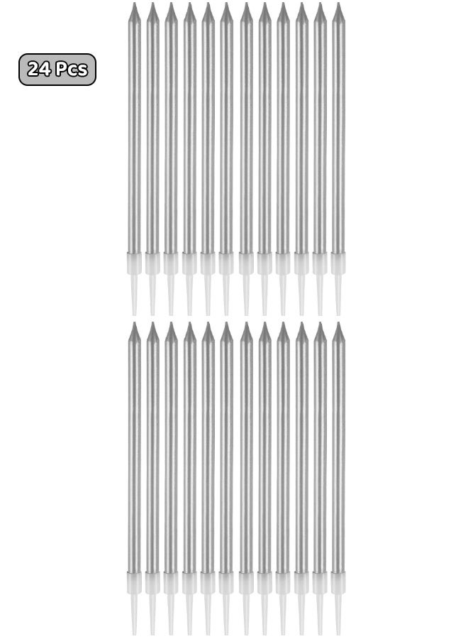 24 Pcs Birthday Candles - Long Thin Birthday Cake Candles, Tall Elegant Premium Party Candles for Birthday Parties, Wedding Decorations, Anniversary & Cake Decorating Supplies (Silver) - Image 1
