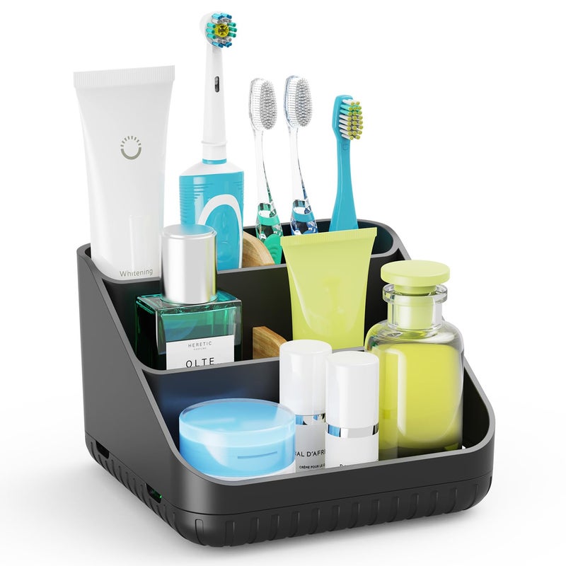 Chintu Toothbrush Holders Bathroom Countertop Organizer-Electric Tooth Brushing Holder 6 Slots Toothbrush Caddy for Counter Organization Kids Family Toothpaste Holder for Vanity Storage Black - Image 1