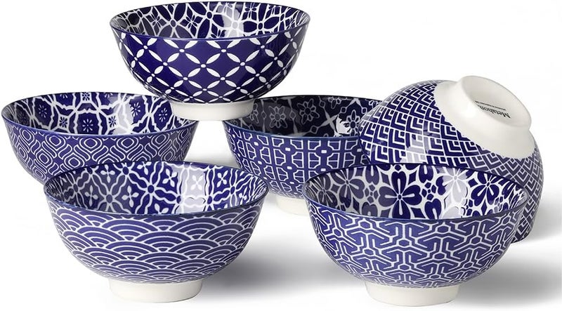 Metahom Blue and White Bowls Ceramic Dessert Bowls 10 Oz Porcelain Bowl Set for Ice Cream Decorative Bowls for Snack Soup Condiments Side Dishes Set of 6 - Image 1