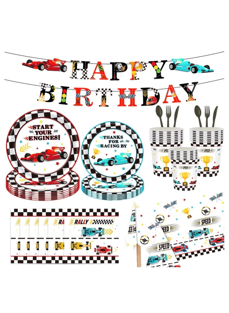 118 PCS Racing Car Party Supplies Race Car Tableware Set Serve 16 Guests Includes Race Car Plates Cups Napkins For Car Birthday Party Decorations Checkered Racing Car Birthday Party Supplies - Image 1