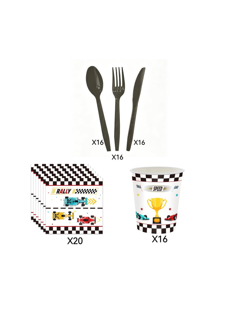 118 PCS Racing Car Party Supplies Race Car Tableware Set Serve 16 Guests Includes Race Car Plates Cups Napkins For Car Birthday Party Decorations Checkered Racing Car Birthday Party Supplies - Image 3