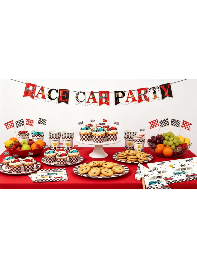 118 PCS Racing Car Party Supplies Race Car Tableware Set Serve 16 Guests Includes Race Car Plates Cups Napkins For Car Birthday Party Decorations Checkered Racing Car Birthday Party Supplies - Image 5