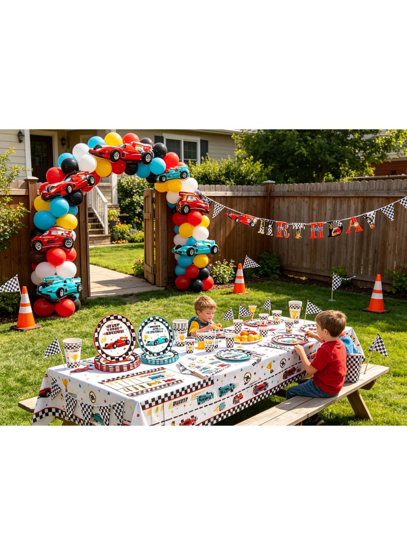 118 PCS Racing Car Party Supplies Race Car Tableware Set Serve 16 Guests Includes Race Car Plates Cups Napkins For Car Birthday Party Decorations Checkered Racing Car Birthday Party Supplies - Image 4