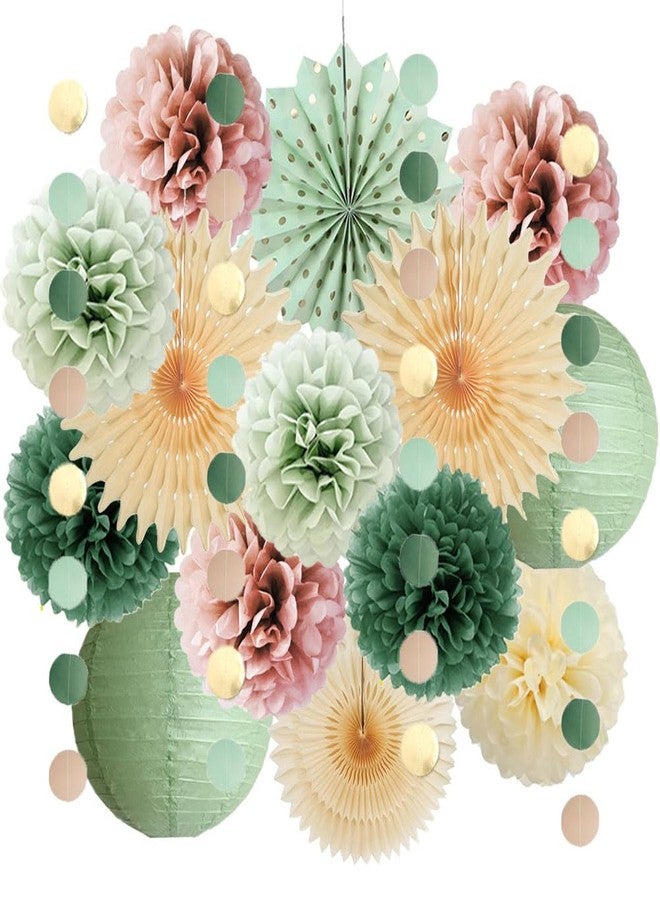 FETETIJD Sage Green and Dusty Rose Party Decorations Paper Lanterns Sage Green and Dusty Pink Party Decorations Retro Olive Cream Poms Beige Fans for Boho Birthday Baby Shower Bridal Shower Wedding Engagement - Image 1