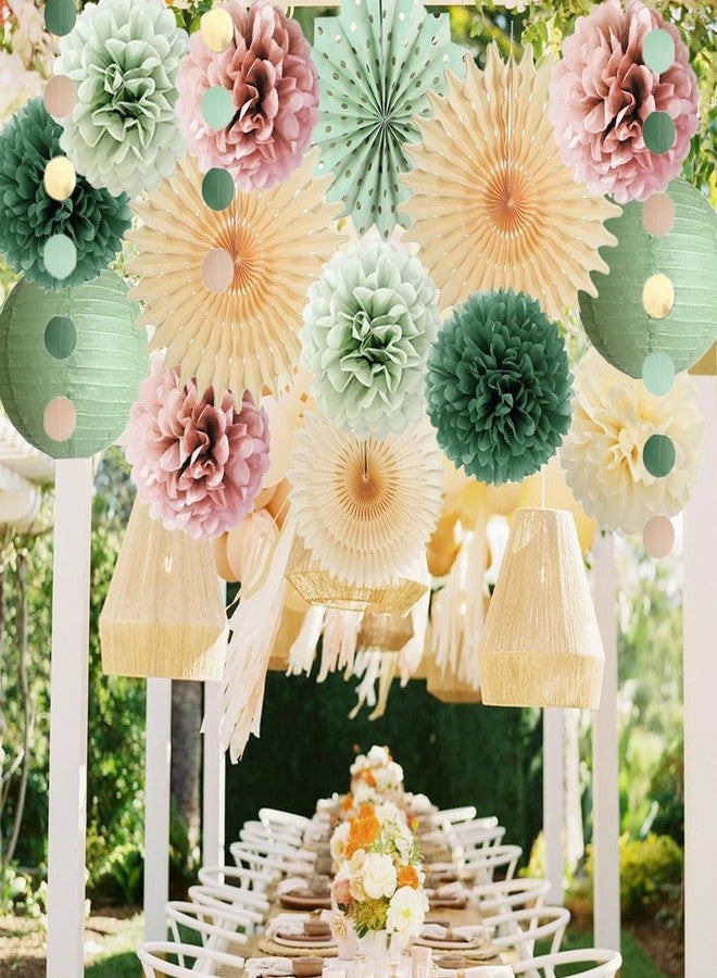 FETETIJD Sage Green and Dusty Rose Party Decorations Paper Lanterns Sage Green and Dusty Pink Party Decorations Retro Olive Cream Poms Beige Fans for Boho Birthday Baby Shower Bridal Shower Wedding Engagement - Image 5