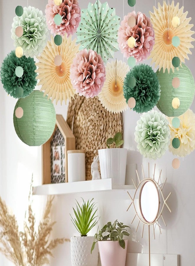 FETETIJD Sage Green and Dusty Rose Party Decorations Paper Lanterns Sage Green and Dusty Pink Party Decorations Retro Olive Cream Poms Beige Fans for Boho Birthday Baby Shower Bridal Shower Wedding Engagement - Image 3