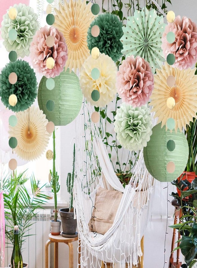 FETETIJD Sage Green and Dusty Rose Party Decorations Paper Lanterns Sage Green and Dusty Pink Party Decorations Retro Olive Cream Poms Beige Fans for Boho Birthday Baby Shower Bridal Shower Wedding Engagement - Image 4