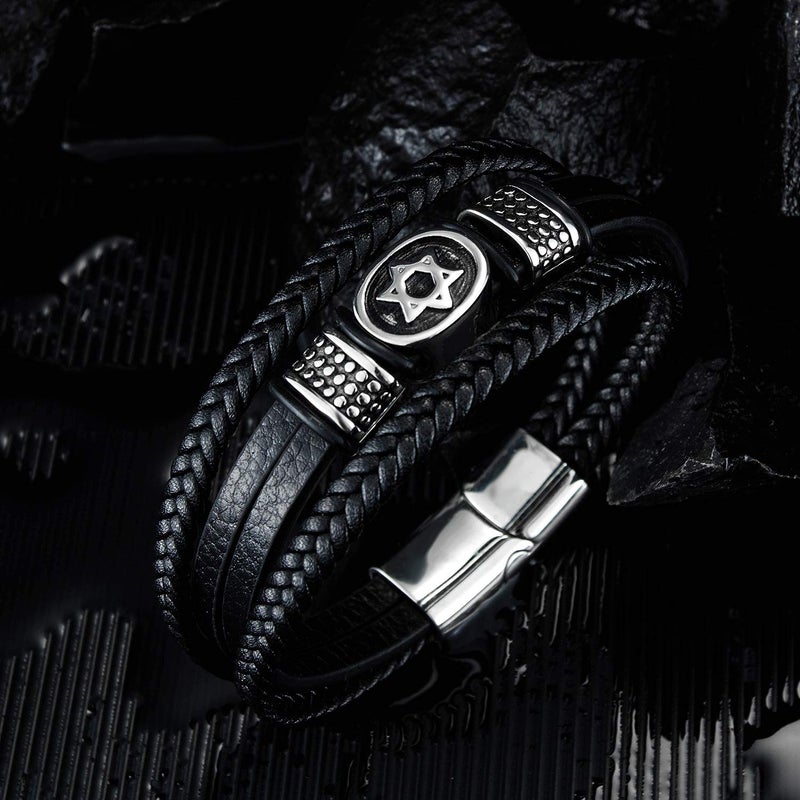 TEMICO Mens Black Leather Cuff Bracelet Multi-Layer Braided Leather Magen Star of David Bracelet Jewish Jewelry - Image 3