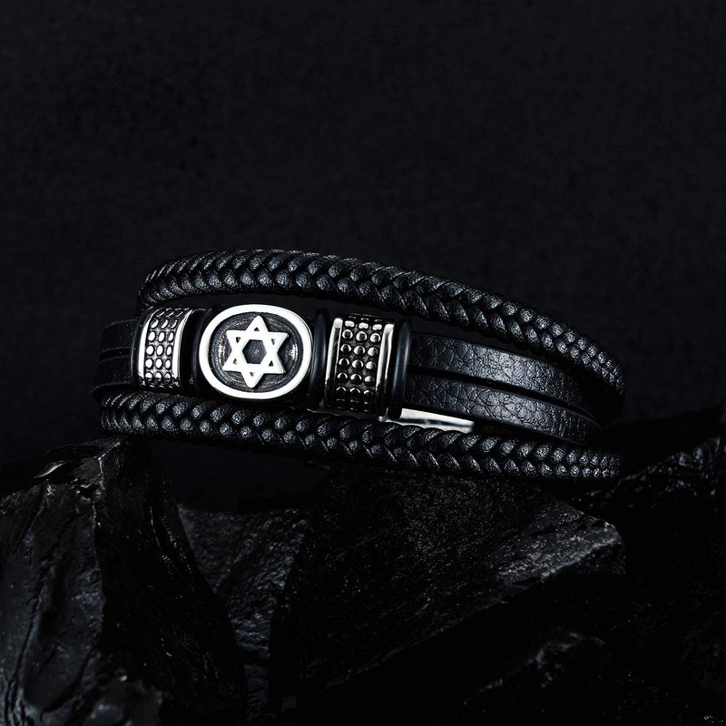 TEMICO Mens Black Leather Cuff Bracelet Multi-Layer Braided Leather Magen Star of David Bracelet Jewish Jewelry - Image 4