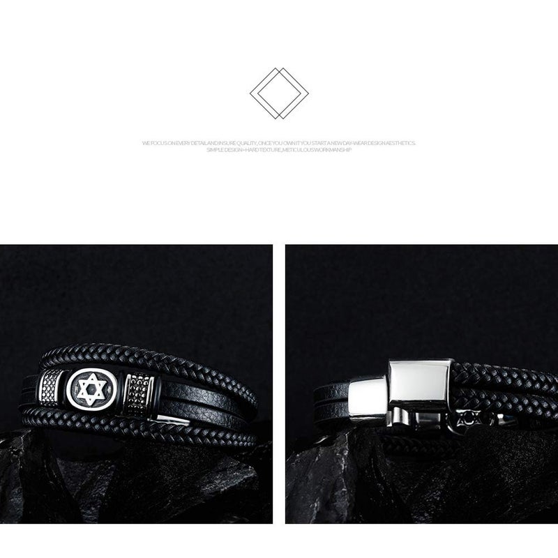 TEMICO Mens Black Leather Cuff Bracelet Multi-Layer Braided Leather Magen Star of David Bracelet Jewish Jewelry - Image 5