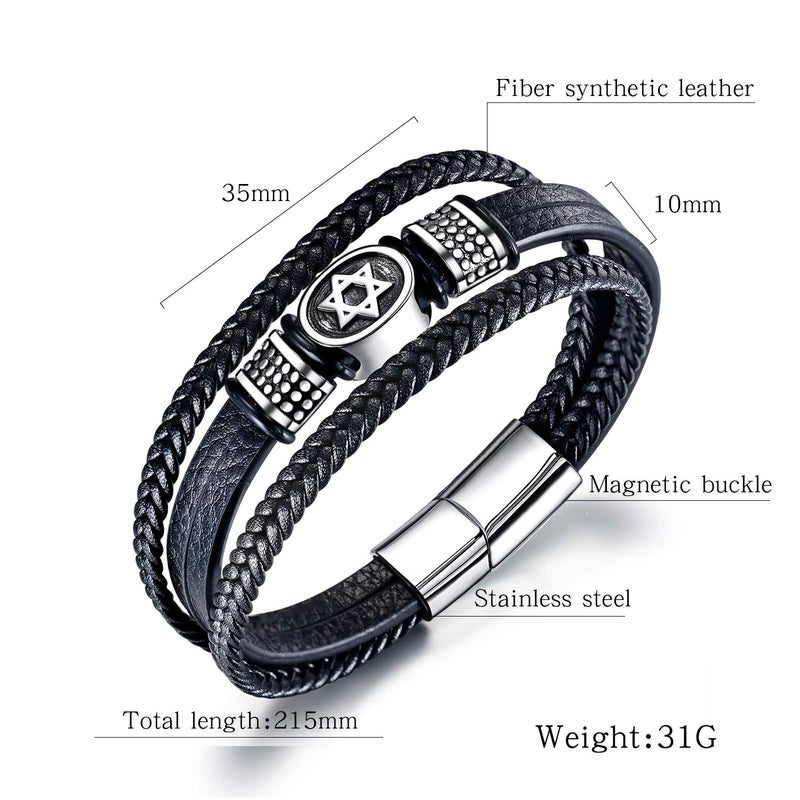 TEMICO Mens Black Leather Cuff Bracelet Multi-Layer Braided Leather Magen Star of David Bracelet Jewish Jewelry - Image 2