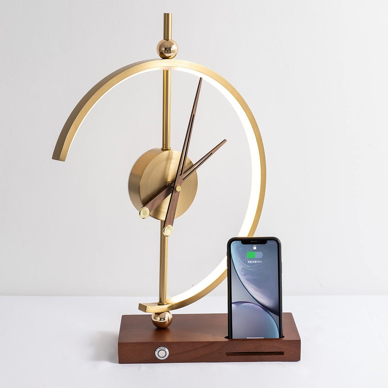 MODIRNATION Golden Time Clock Table Lamp Qi Wireless and USB Charger for Home Office and Hotel Golden Analog Clock with Wooden Hands Dimming LED Light Phone Stand and Charger
